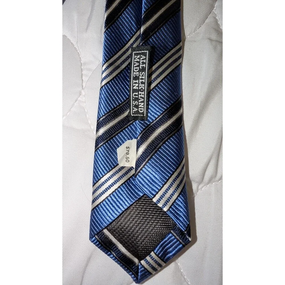 J.Z. Richards Silk Necktie Hand-Made USA Blue Stripe Geometric Classic 3.75